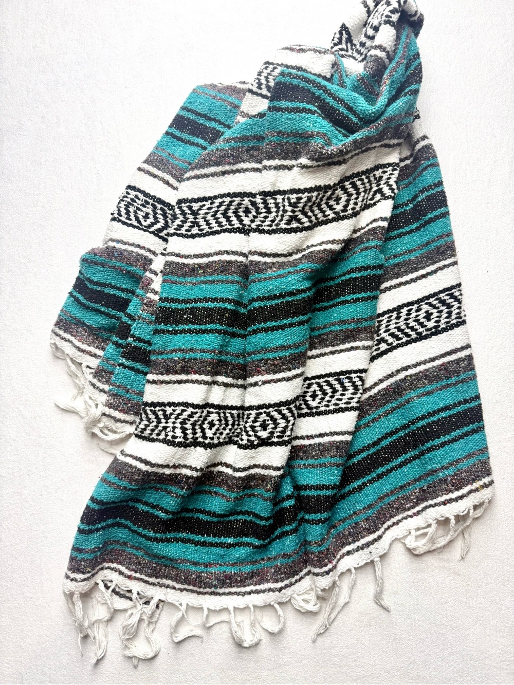 VTG Turquoise Black White Striped Mexican Molina Indian Blanket Throw